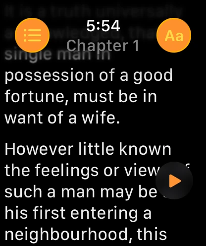 Apple Watch reading view with an auto-scroll play button in the lower corner.